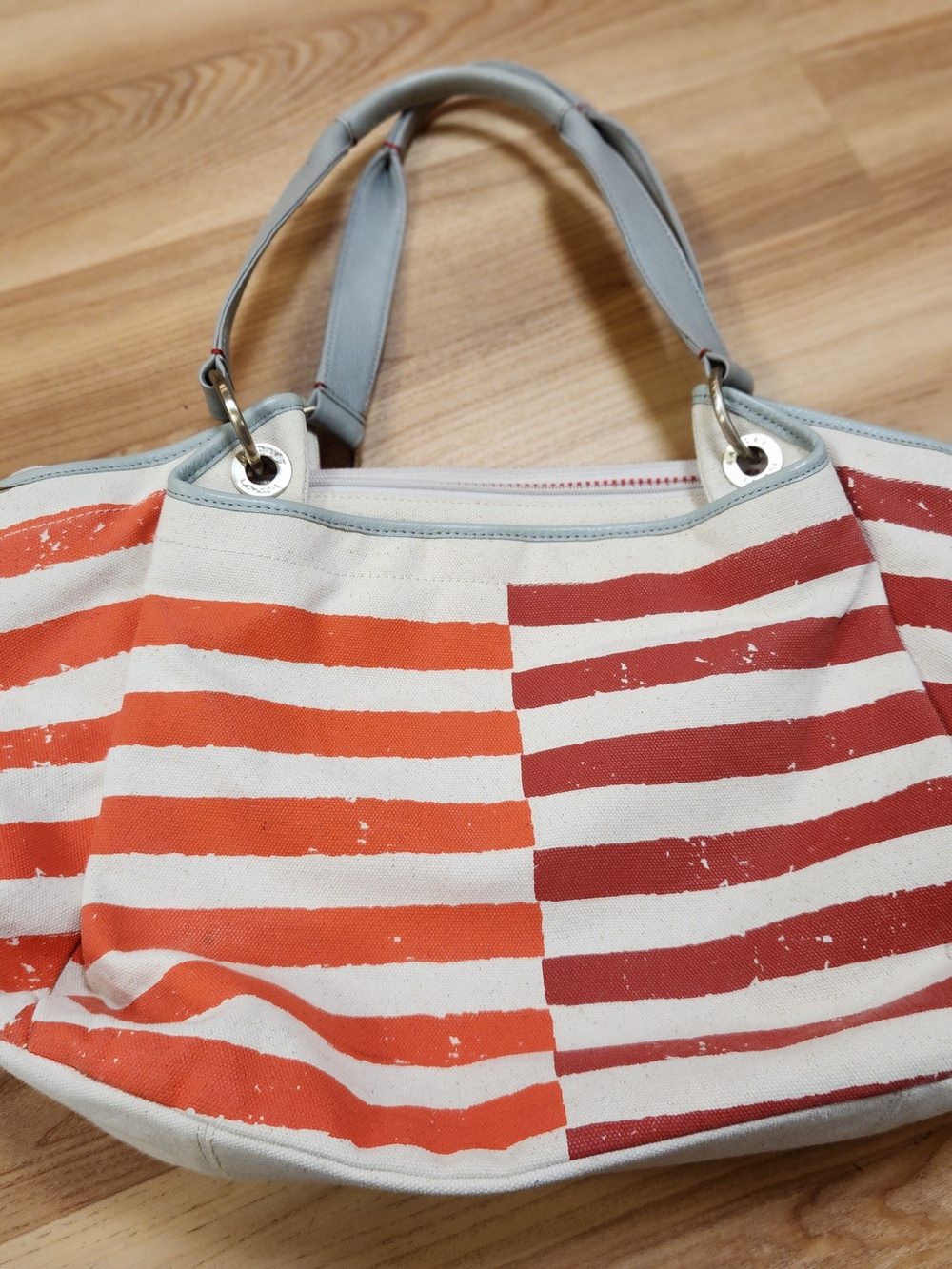 Radley LONDON Striped Canvas Tote Bag in Orange and Red with Gray Handles
